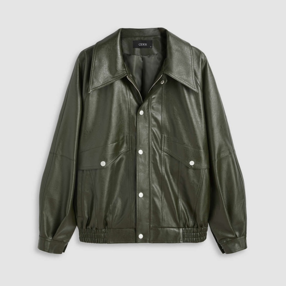 CIDER GREEN FAUX LEATHER ZIPPER JACKET